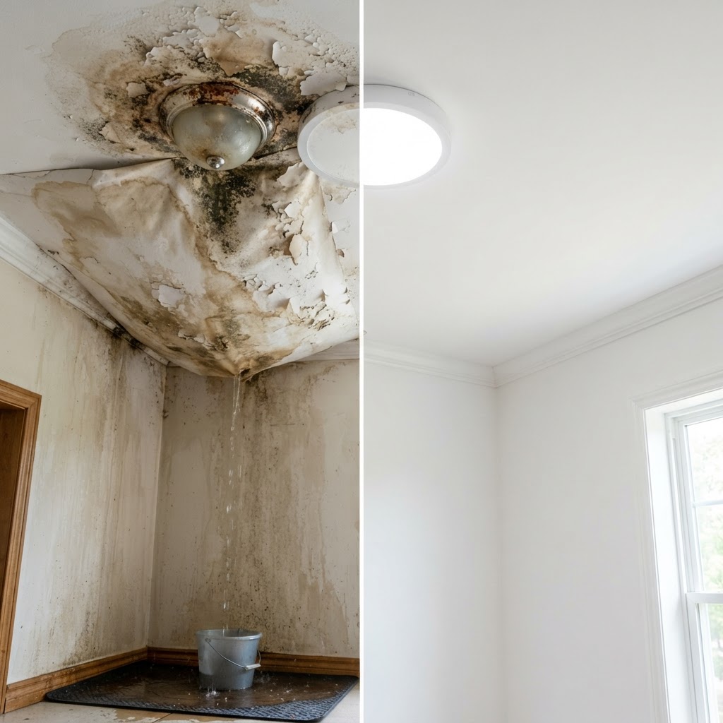 Before and after burst pipe ceiling restoration