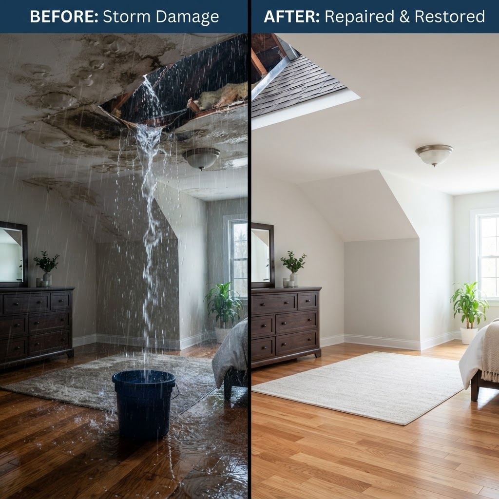 Before and after storm roof leak restoration