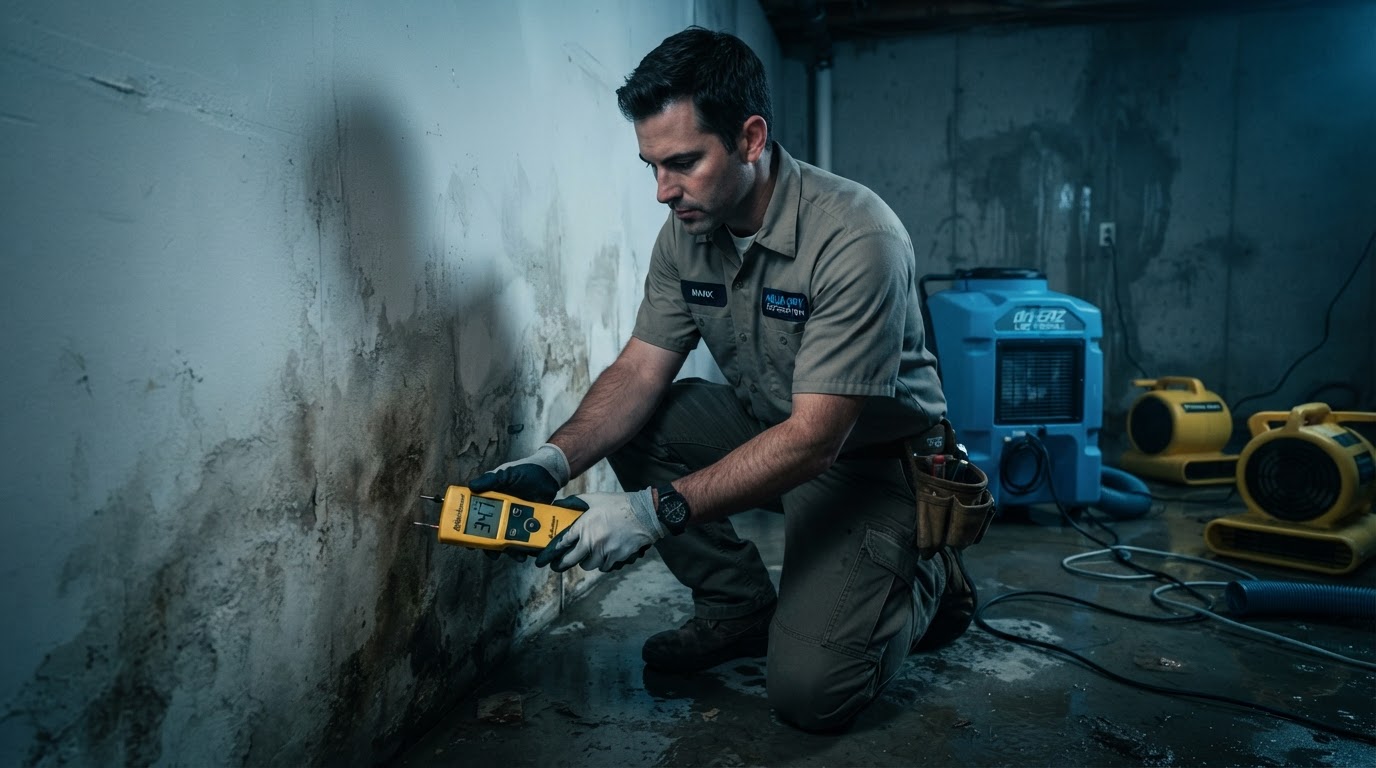 Water damage restoration technician using a moisture meter in a flooded home