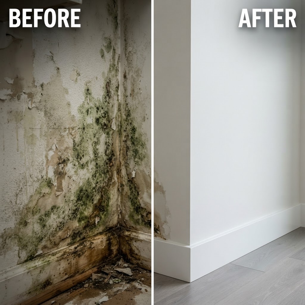 Before and after appliance leak kitchen restoration