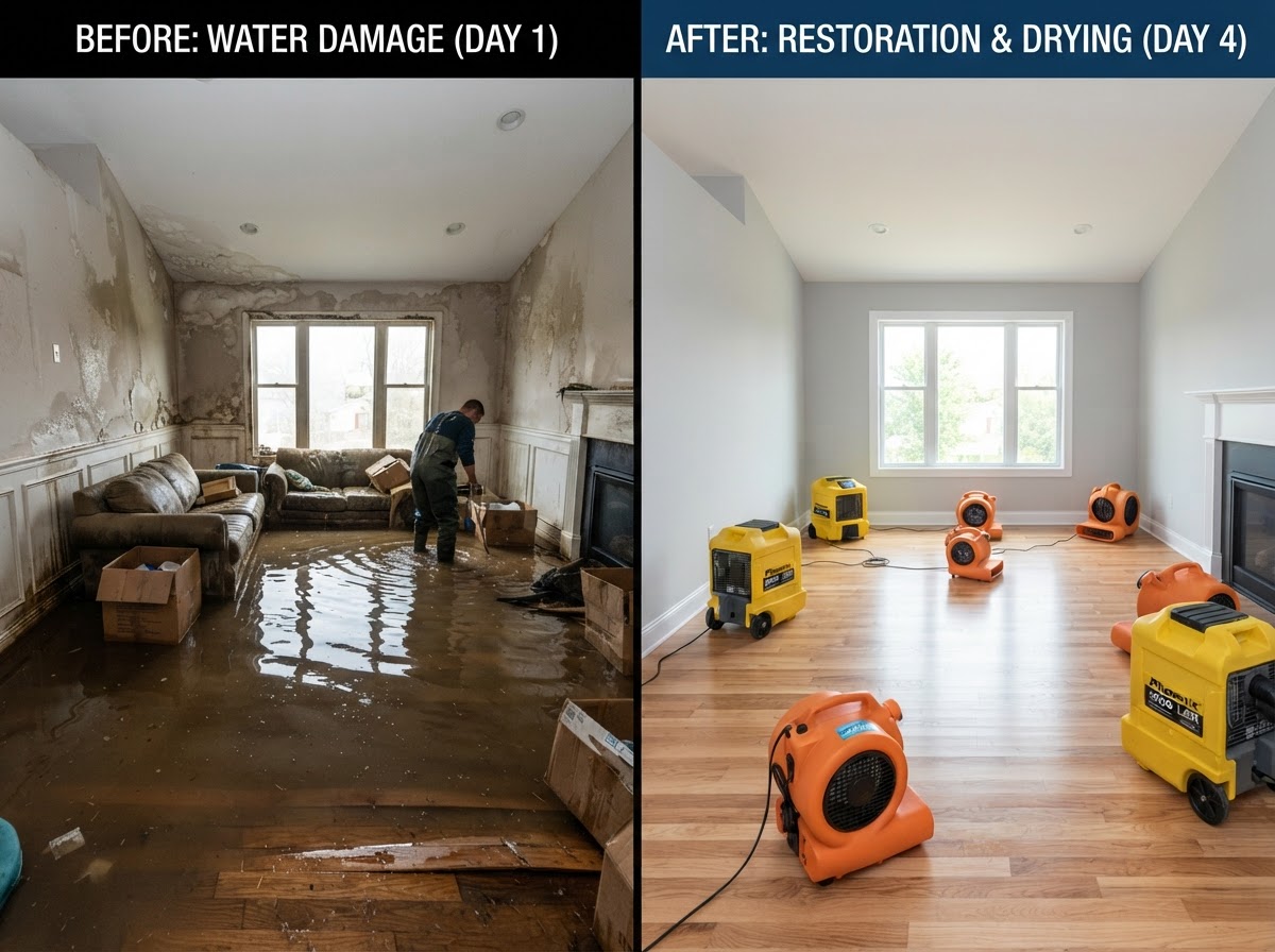 Water-damaged room being restored with industrial drying equipment