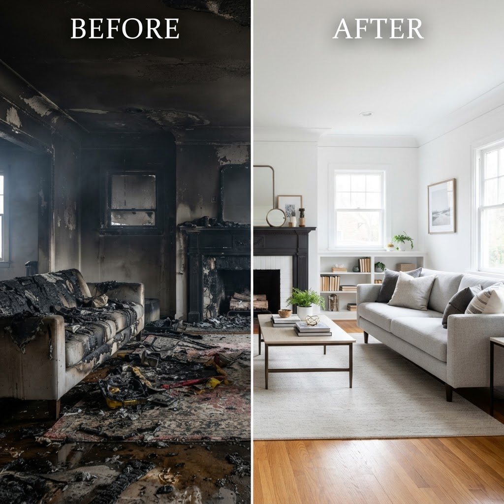 Before and after fire-damaged living room restoration