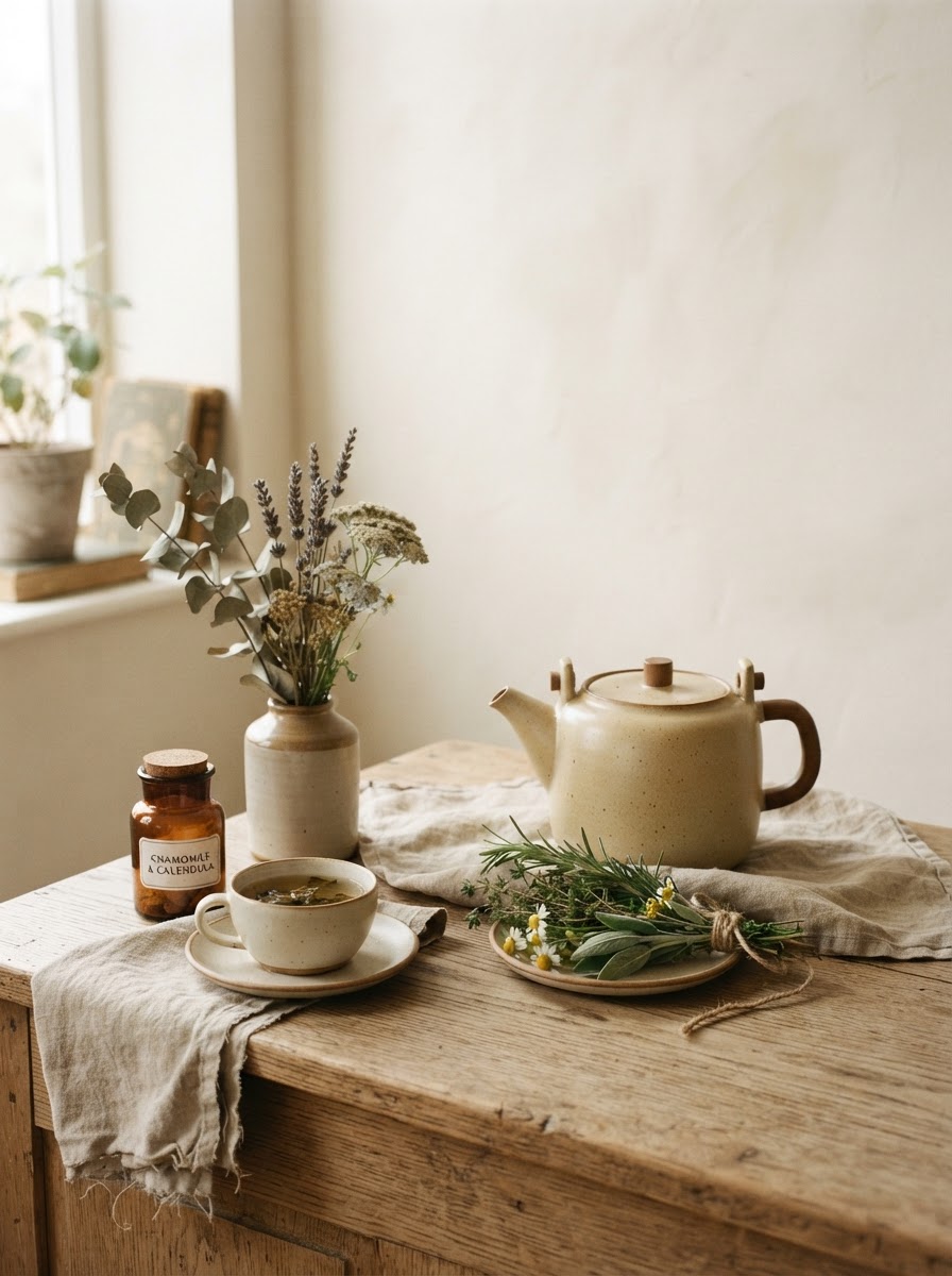 A calm naturopathic wellness still life with natural elements