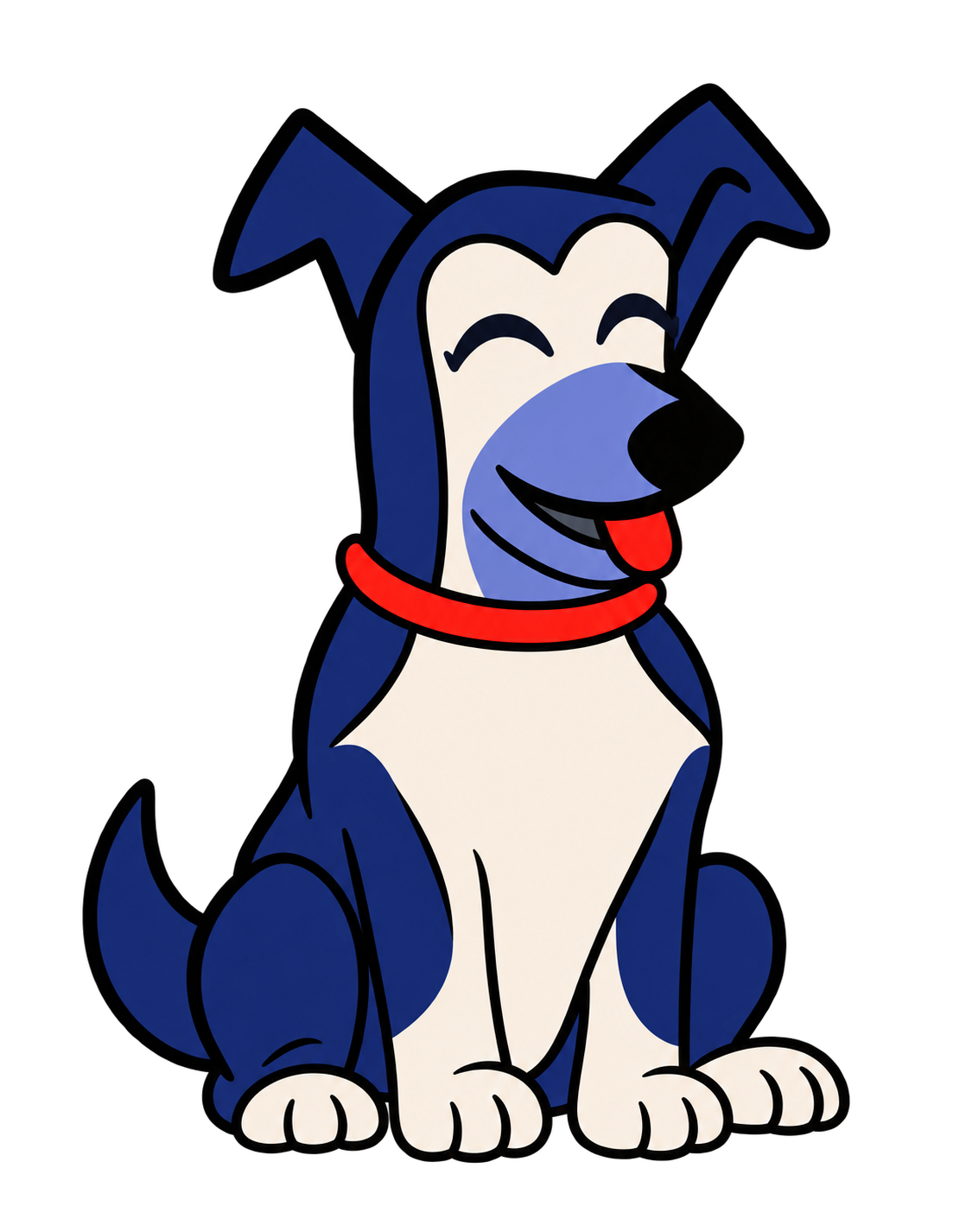 The book's navy-and-lavender dog guide with a red collar smiling happily