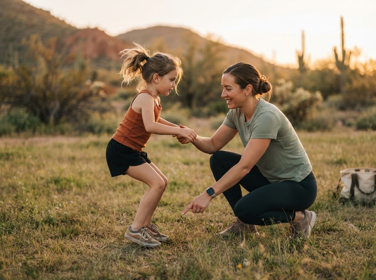 A coach guiding a child to land a jump
