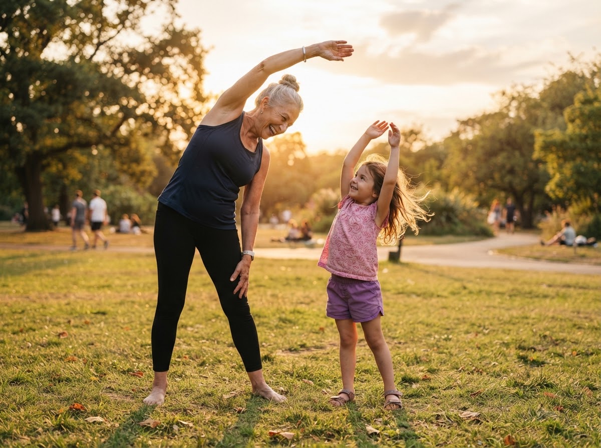 An older adult and a child moving together in a park