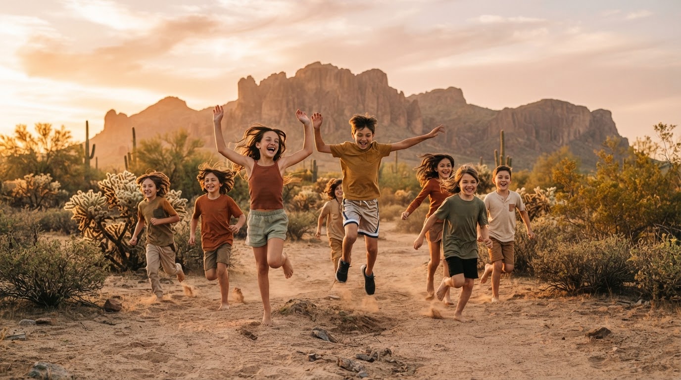 Kids running and jumping on a field at golden hour in Fountain Hills