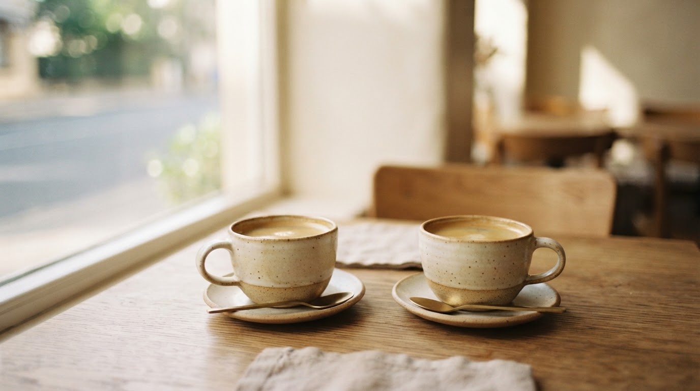 A small group of adults sharing a relaxed conversation around a table with coffee.