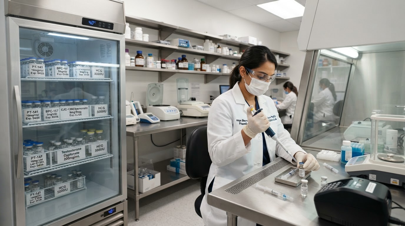 Alpha 1 Labs medical research facility with compounded peptide vials