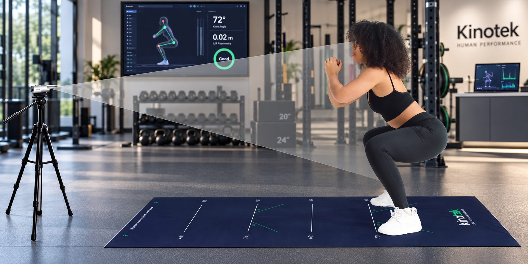 Client performing squat on calibrated Kinotek measurement mat in Alpha 1 Performance Lab