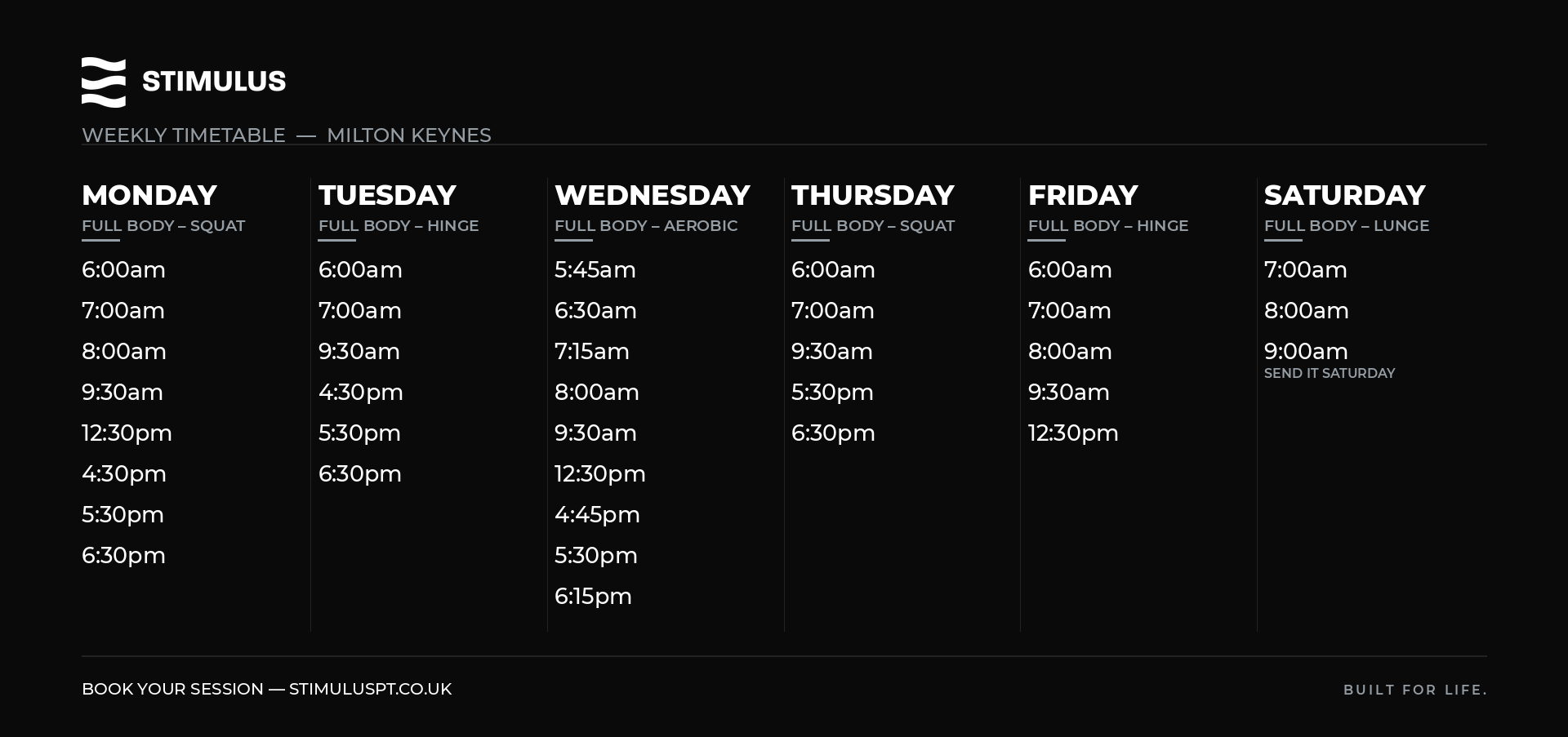 STIMULUS Weekly Timetable Milton Keynes