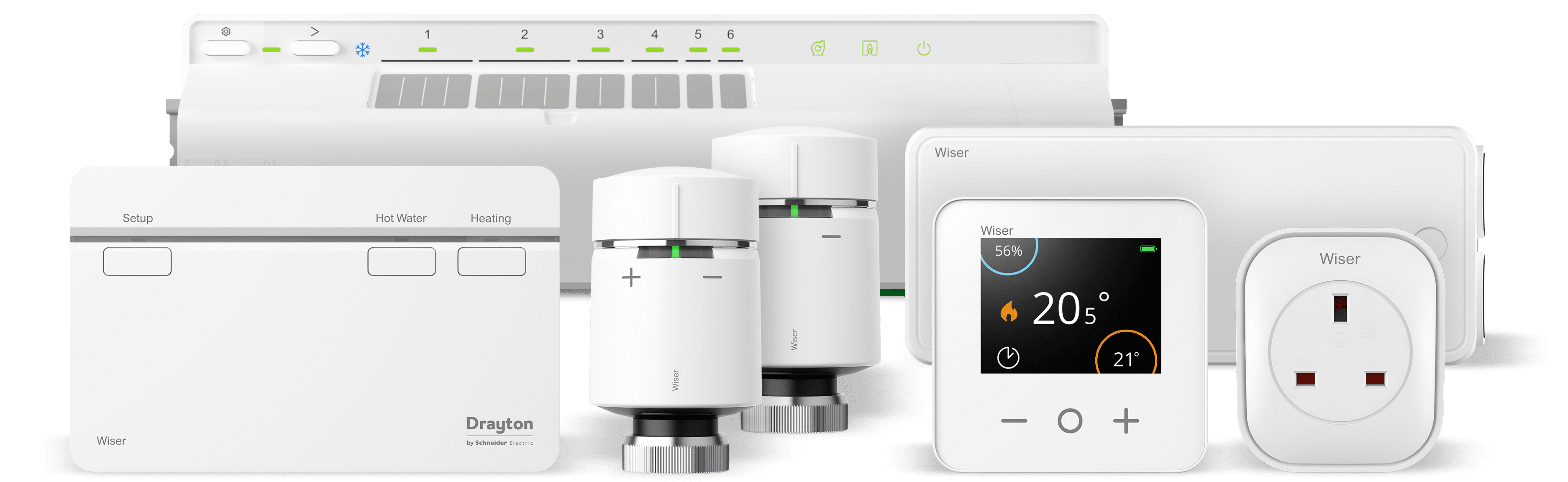 Complete Wiser smart heating control system including hub, programmer, smart radiator thermostats and room thermostat
