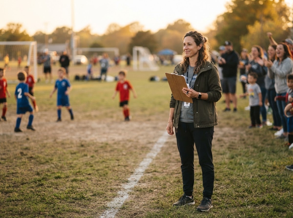 A parent team manager with a clipboard on the sideline of a youth sports field