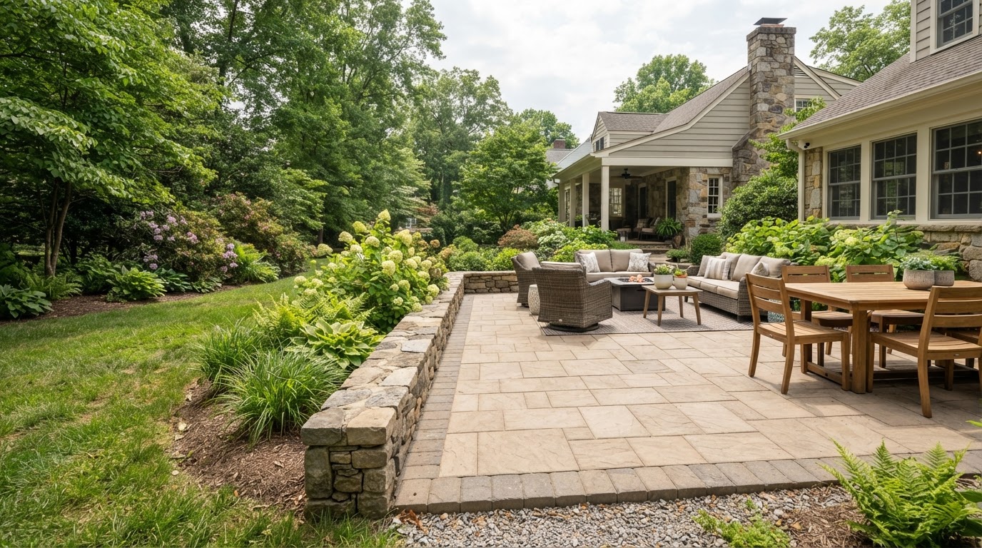 Refined residential patio with understated paver patterns, planted borders, and seating