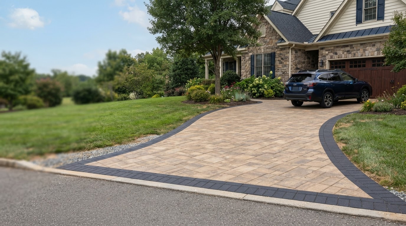 Finished residential paver driveway with a contrasting border and clear vehicle access