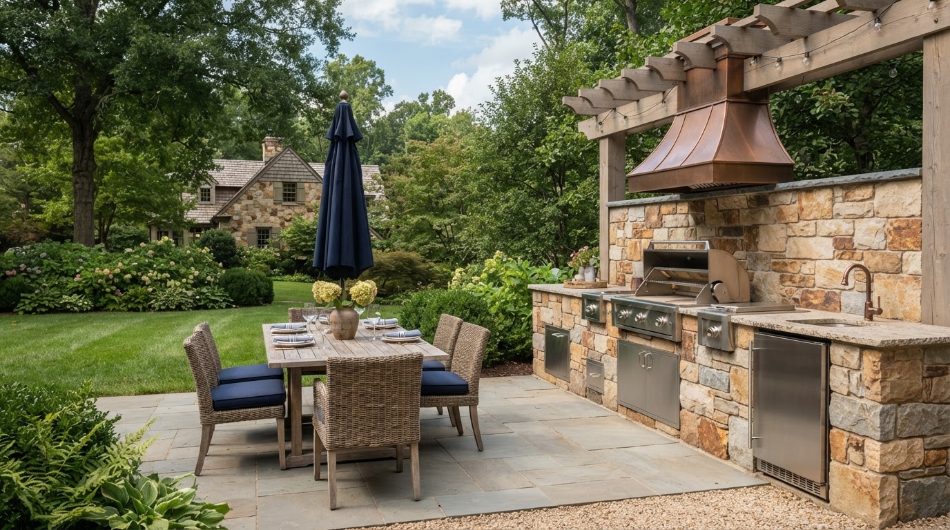 Outdoor kitchen with masonry finishes, grill, and preparation counter