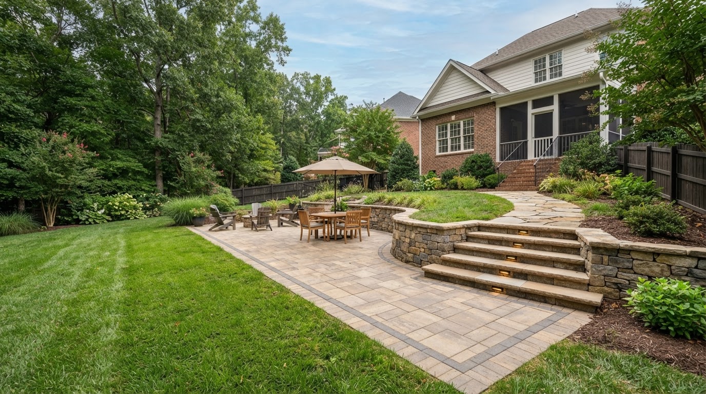 Backyard with a paver patio, a modest elevation transition, and coordinated landscaping