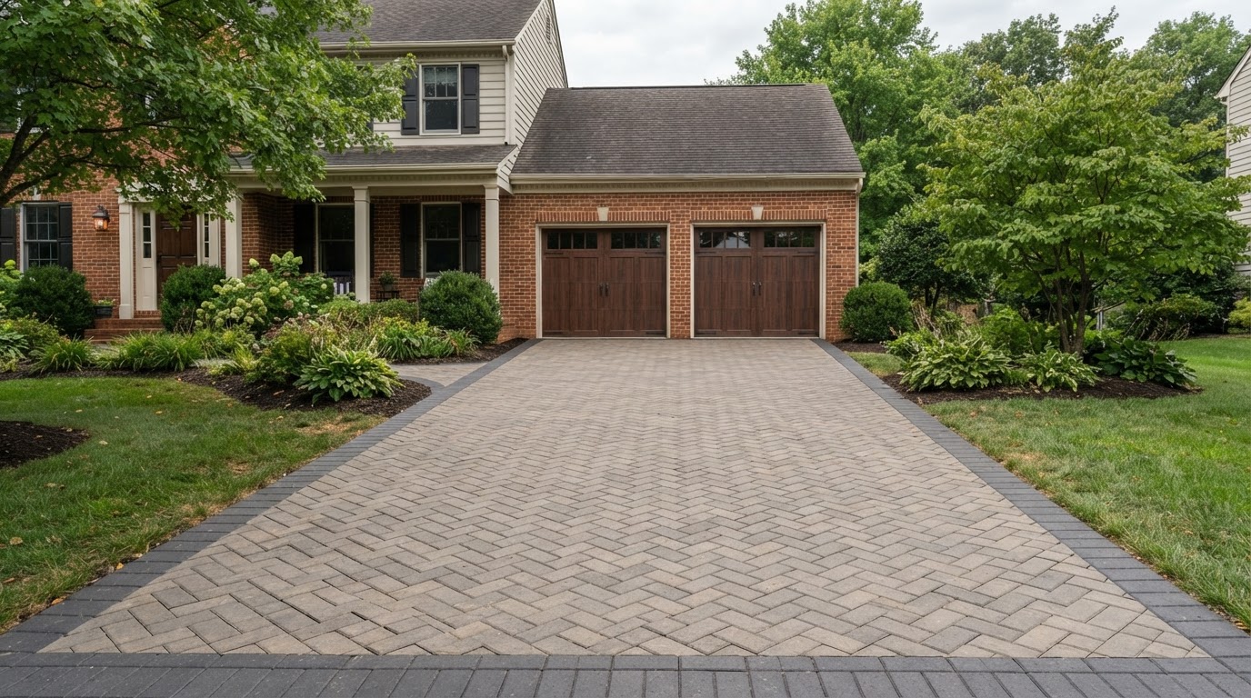 Paver driveway with contrasting borders beside a residential garage
