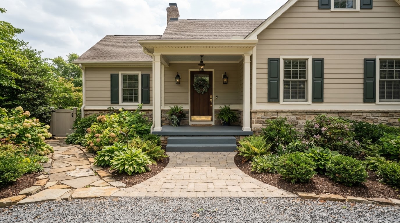 Welcoming front-entry paver walkway leading to a porch landing with realistic door and step clearances
