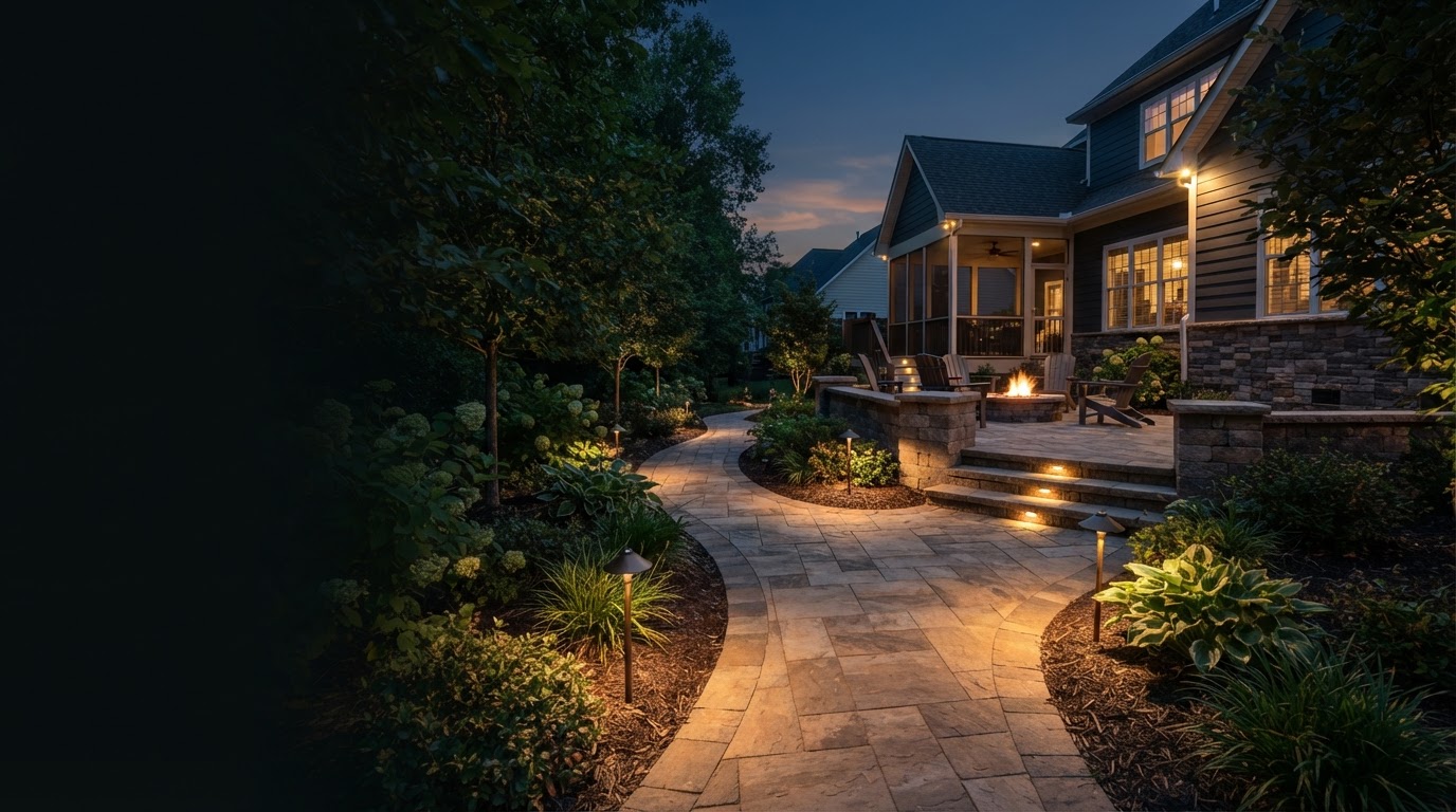 Subtle pathway and step lighting beside a residential paver patio