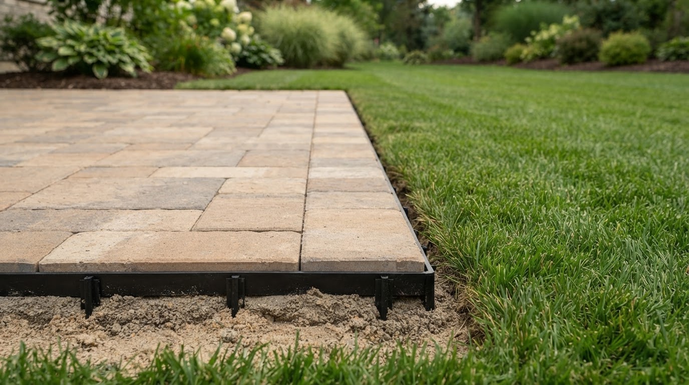 Paver patio perimeter showing a clean edge restraint transition from pavers to lawn