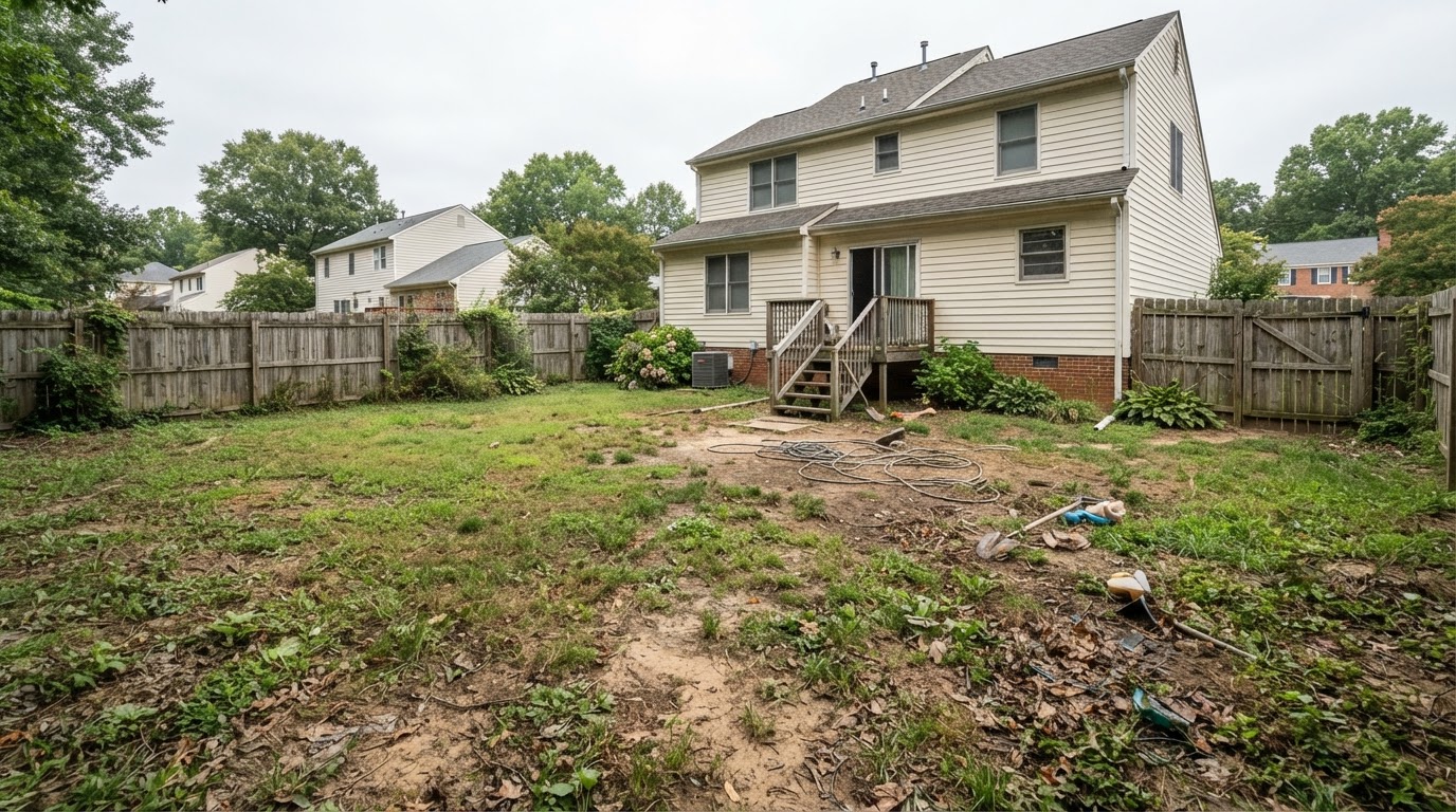 Illustrative backyard without an organized patio before installation
