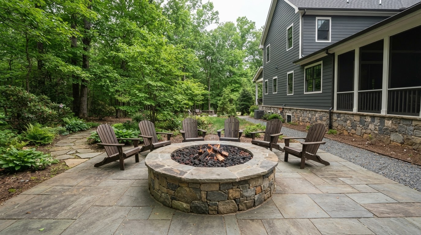 Built-in outdoor fire pit surrounded by a paver seating area