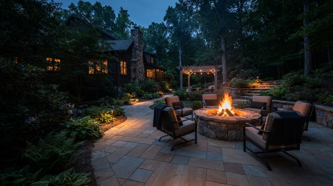Outdoor fire pit surrounded by a paver patio and seating area