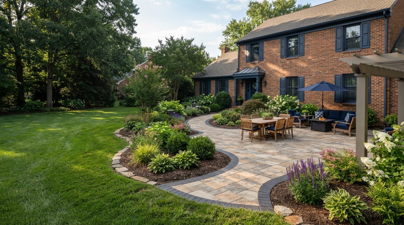 Layered planting beds surrounding a residential paver walkway