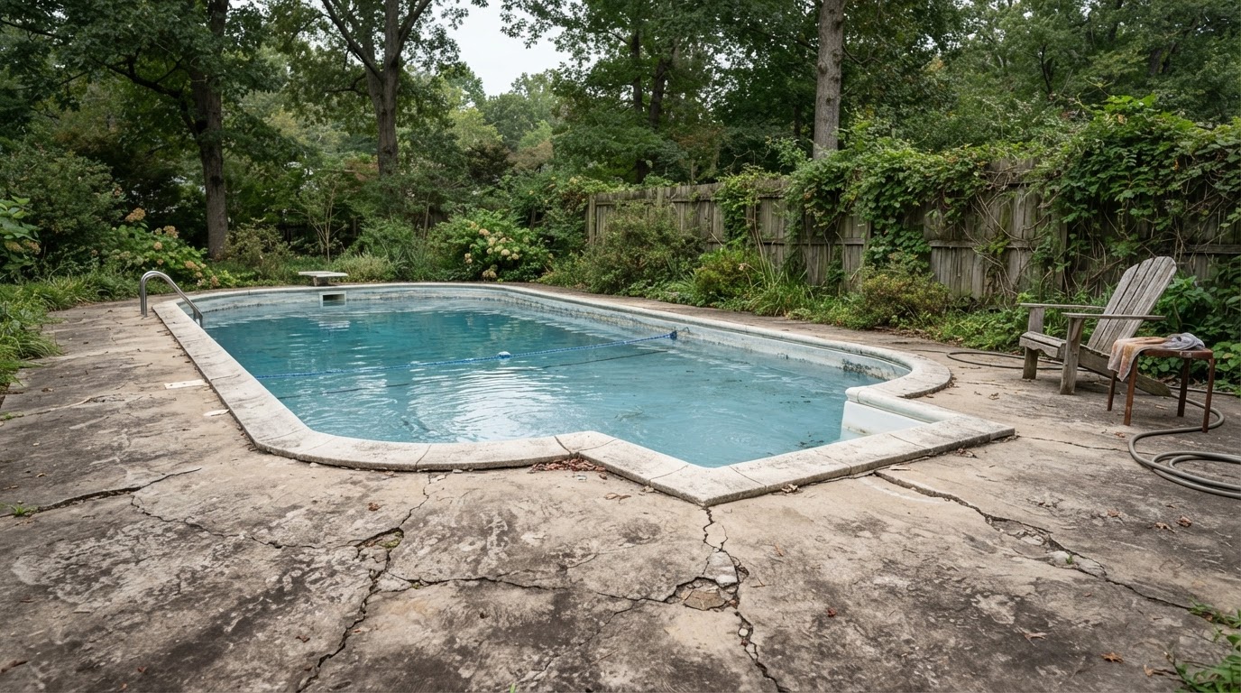 Illustrative residential pool with worn concrete deck before paver installation