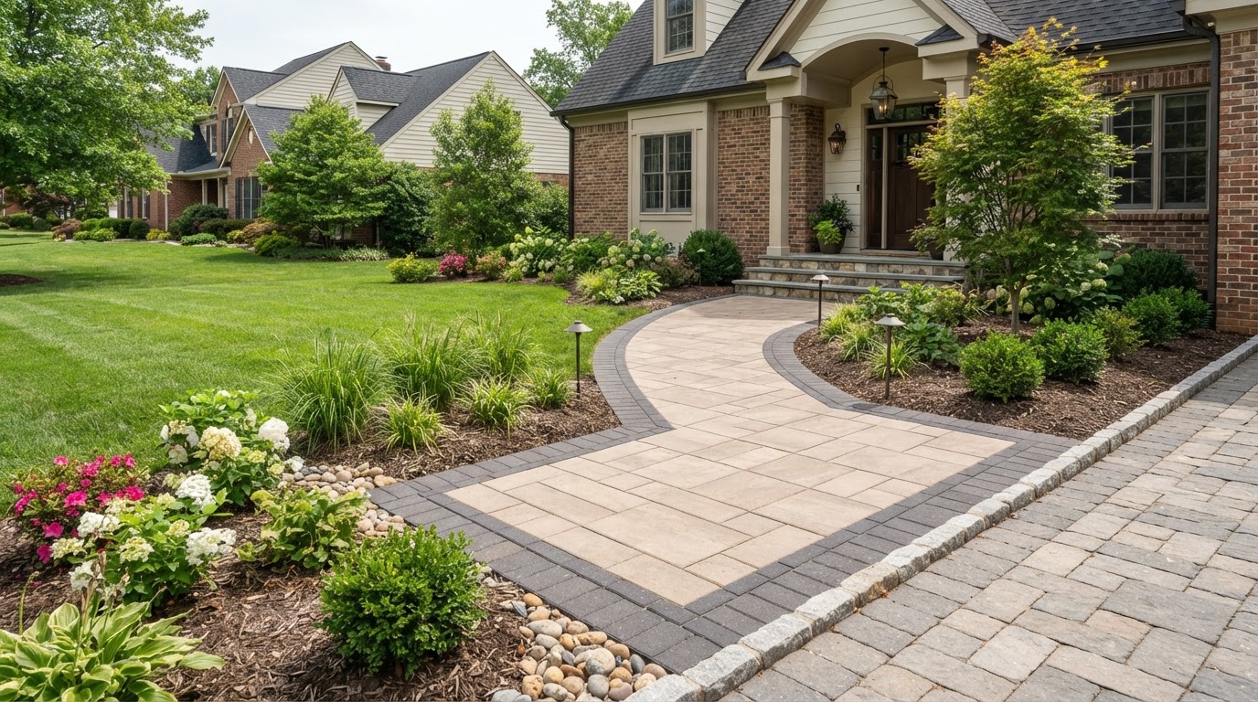 Refreshed front-entry walkway with clean paver borders and complementary landscaping