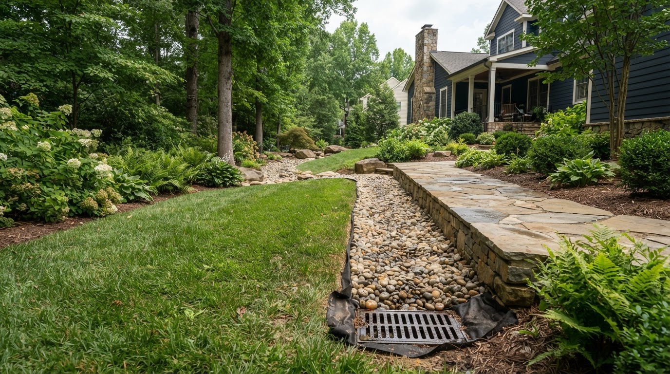 Yard drainage installation beside a landscaped outdoor area