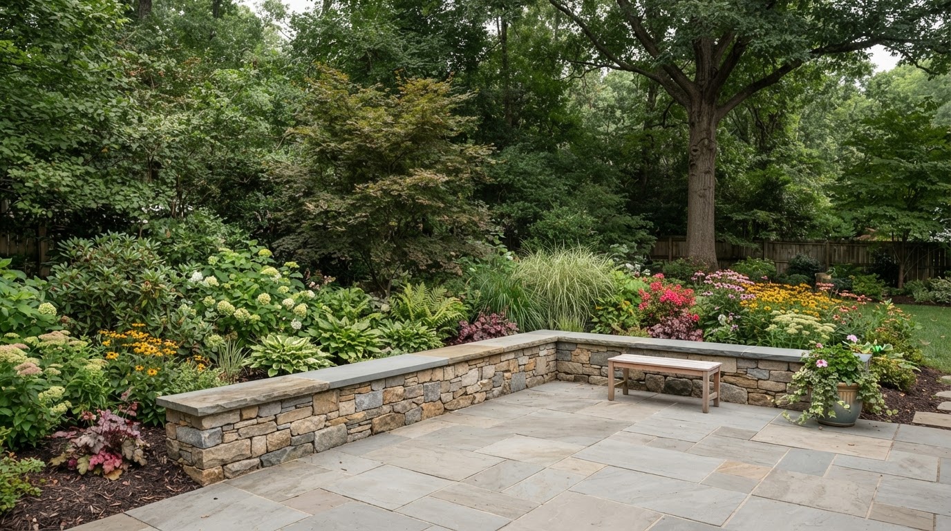 Patio bordered by low seating walls and a landscaped retaining feature