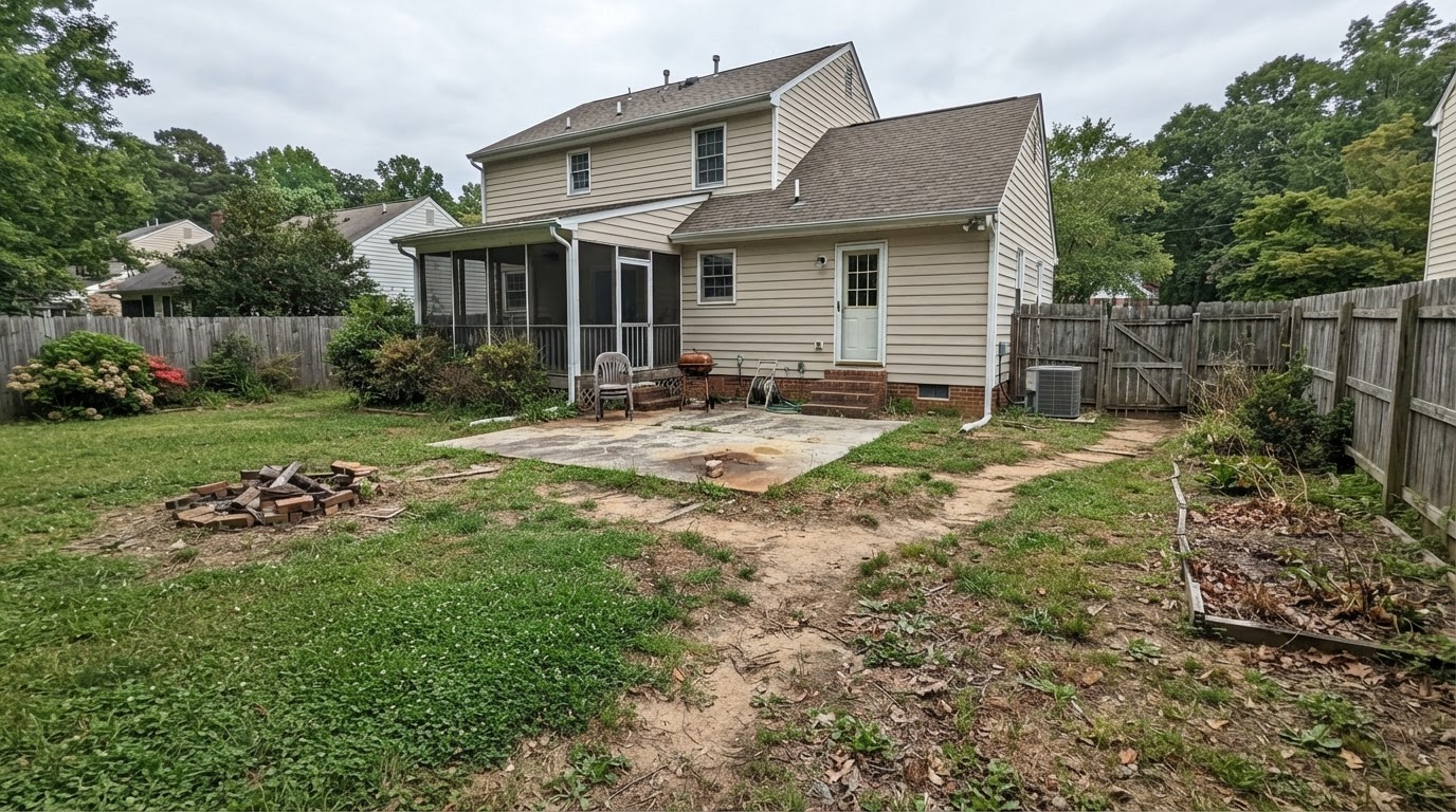 Illustrative residential backyard with disconnected paths and underused space before redesign