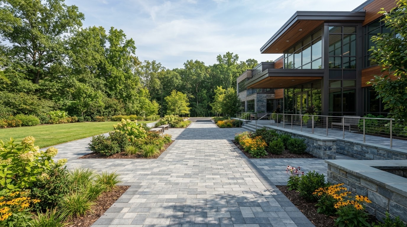 Commercial paver entrance with defined pedestrian routes and planting beds