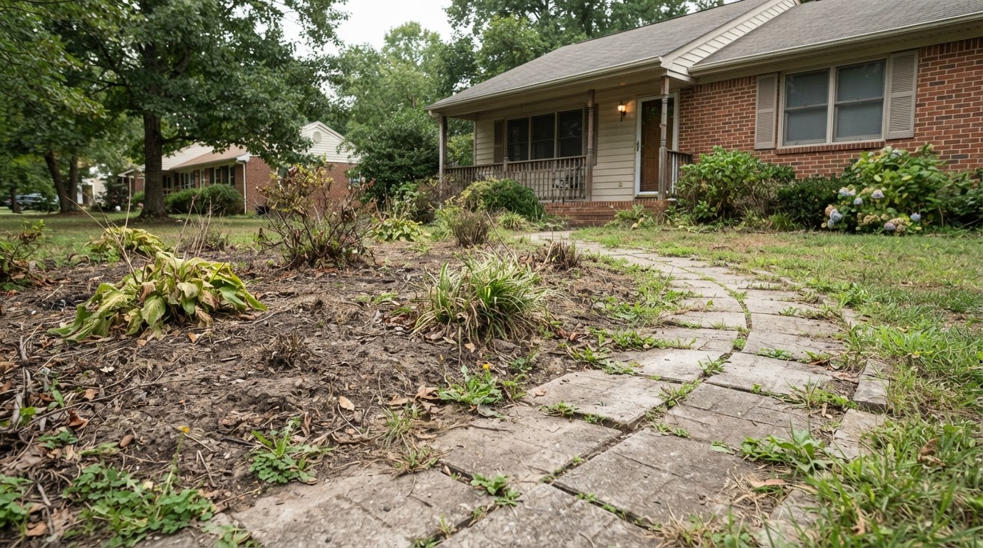 Illustrative sparse poorly organized planting beds with bare soil before landscape installation