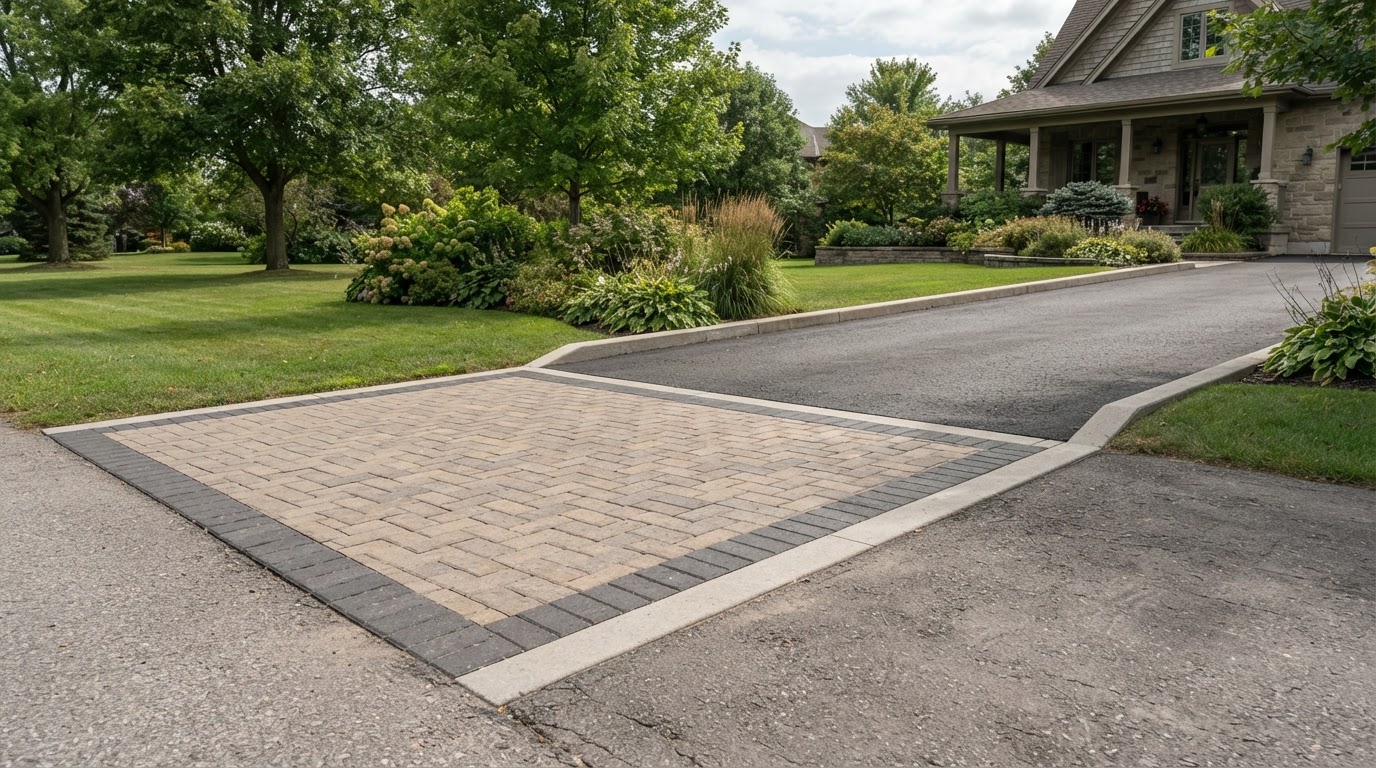 Residential driveway entrance with a clean paver apron and decorative border transitioning to the drive