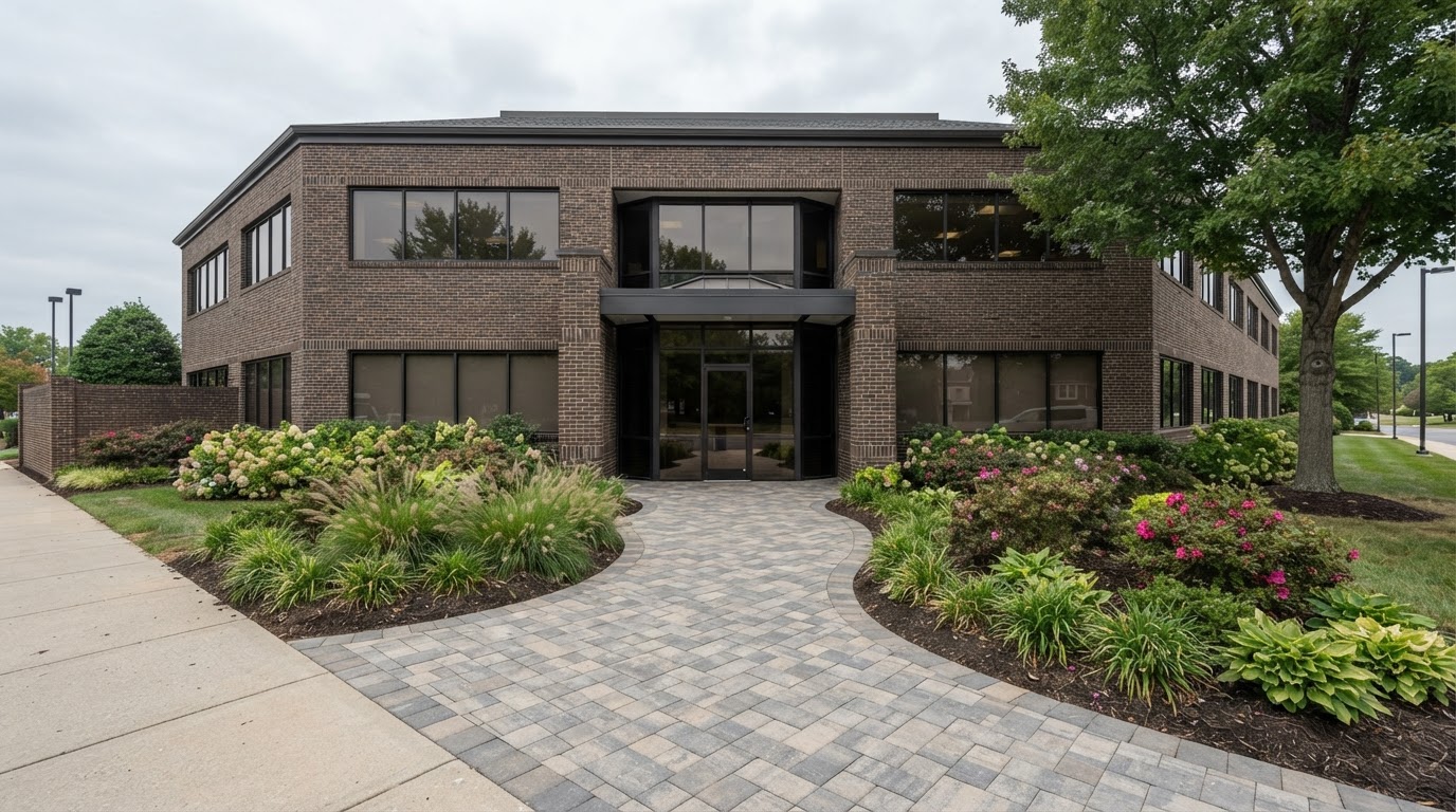 Commercial paver entrance and courtyard with landscaped borders