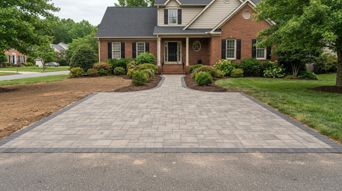 Interlocking paver surface with a contrasting border and finished edge