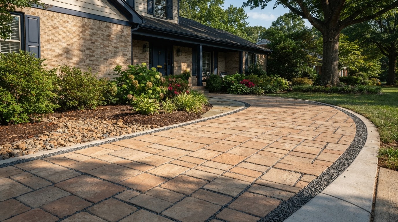 Permeable paver surface with aggregate-filled joints and landscaped edges