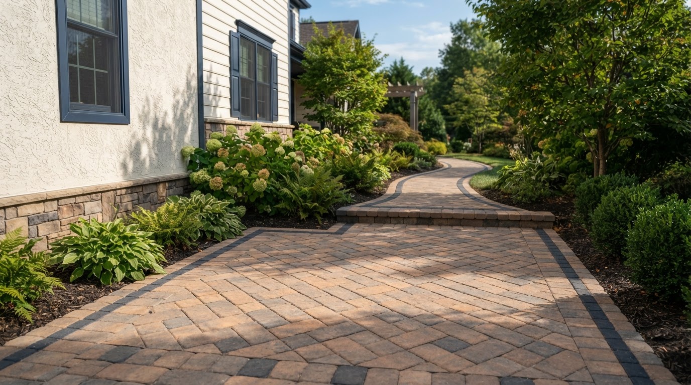 Finished interlocking paver surface with a contrasting border leading into an adjoining walkway