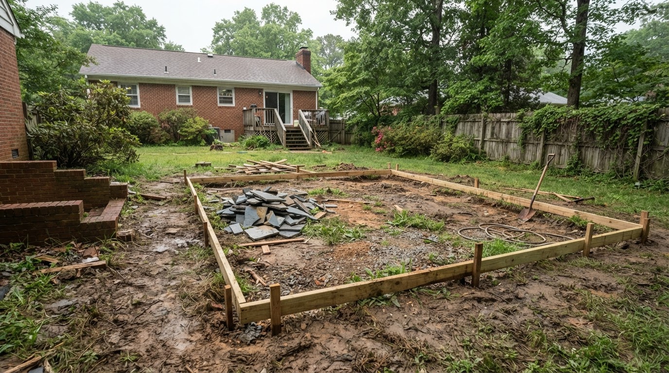 Illustrative unfinished worn patio footprint with bare dirt before natural stone installation