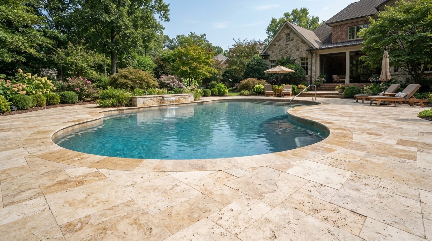 Travertine pool deck showing natural stone variation in warm cream tones with clear walking space