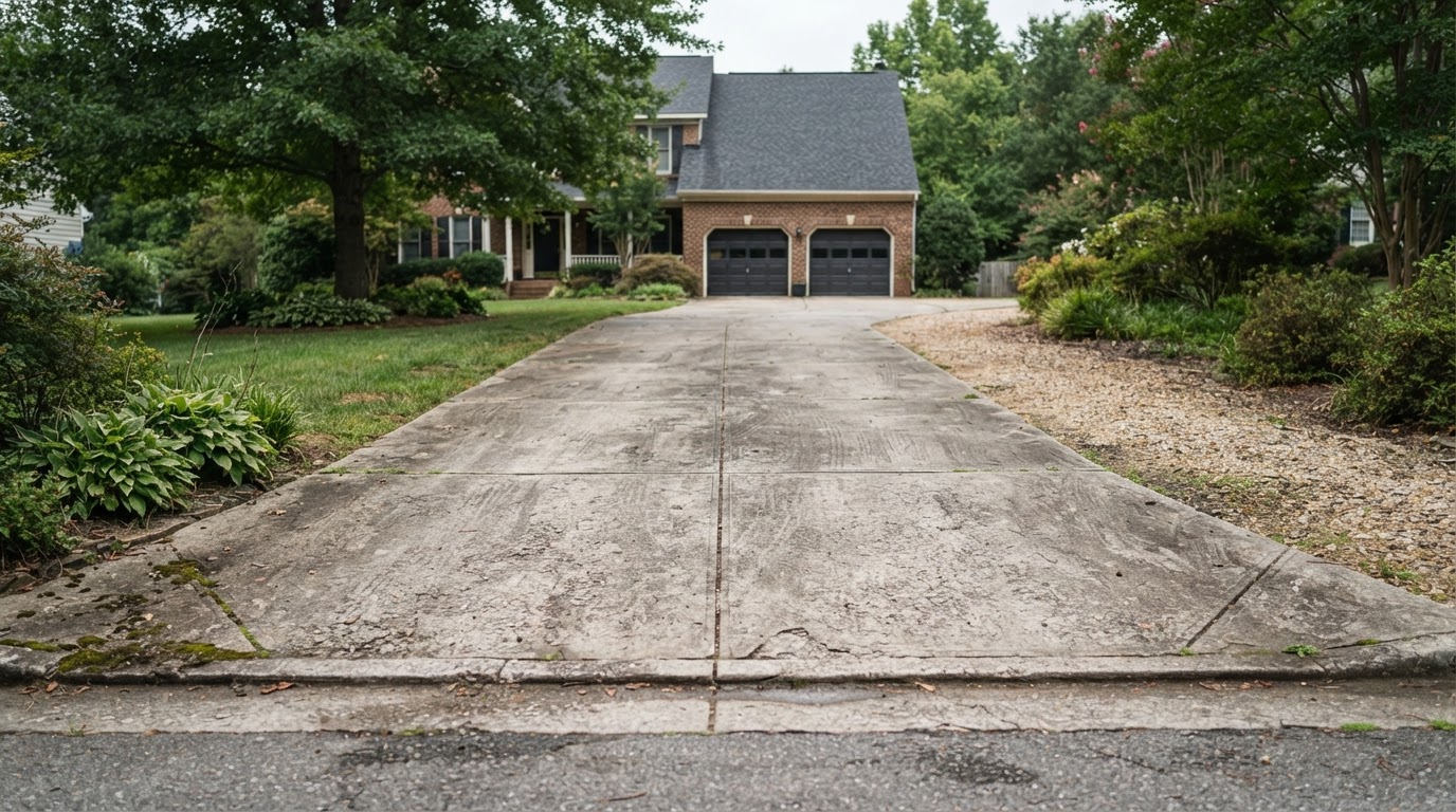 Illustrative existing plain solid concrete driveway surface before permeable paver installation