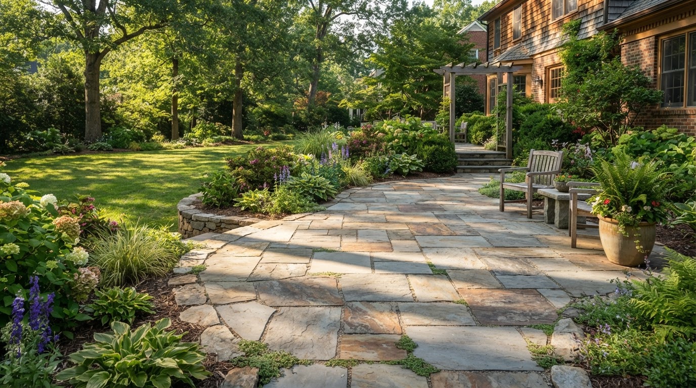 Natural stone patio with varied stone tones and landscaped borders