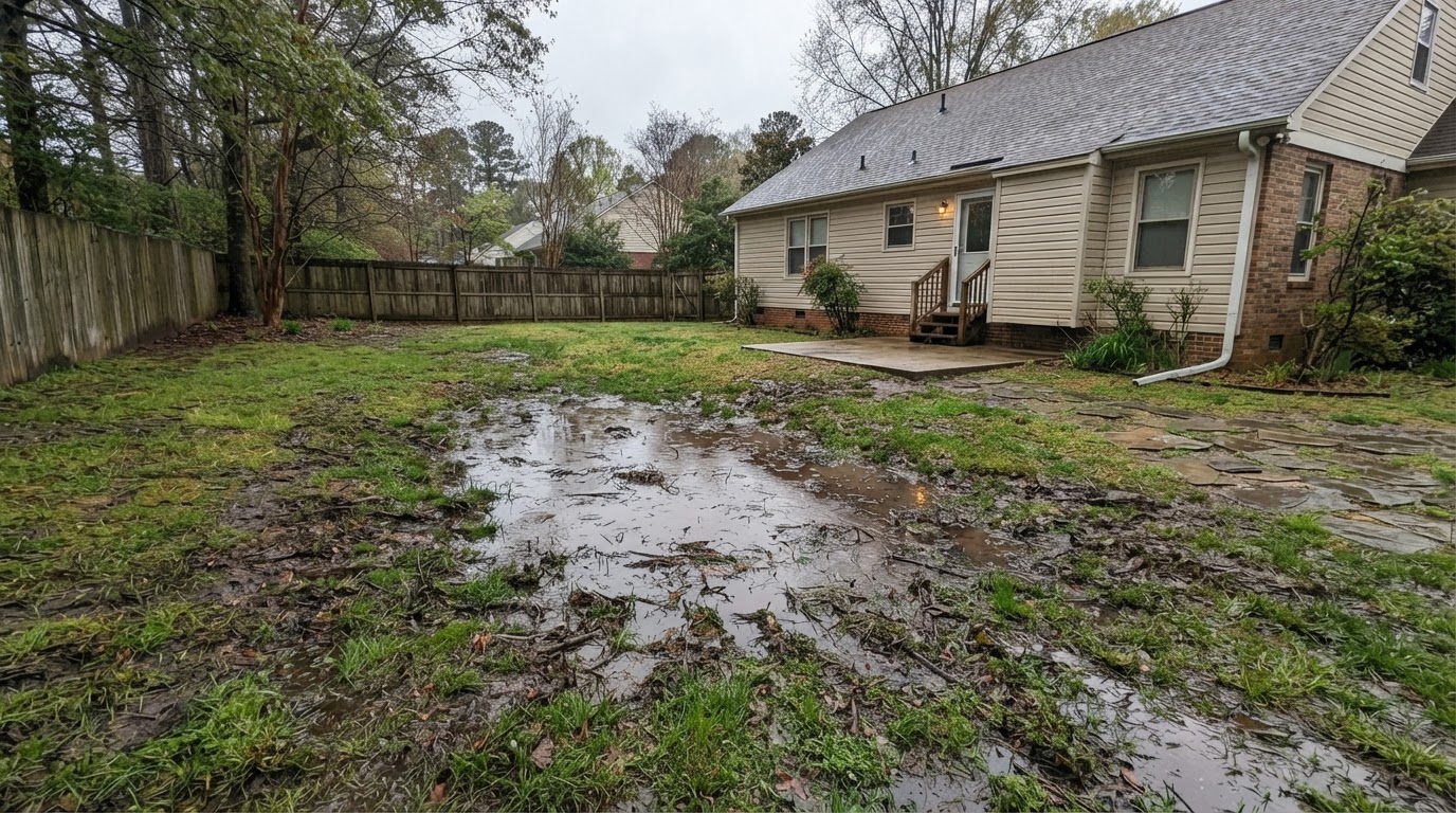 Illustrative yard low spot collecting water with muddy puddle before drainage installation