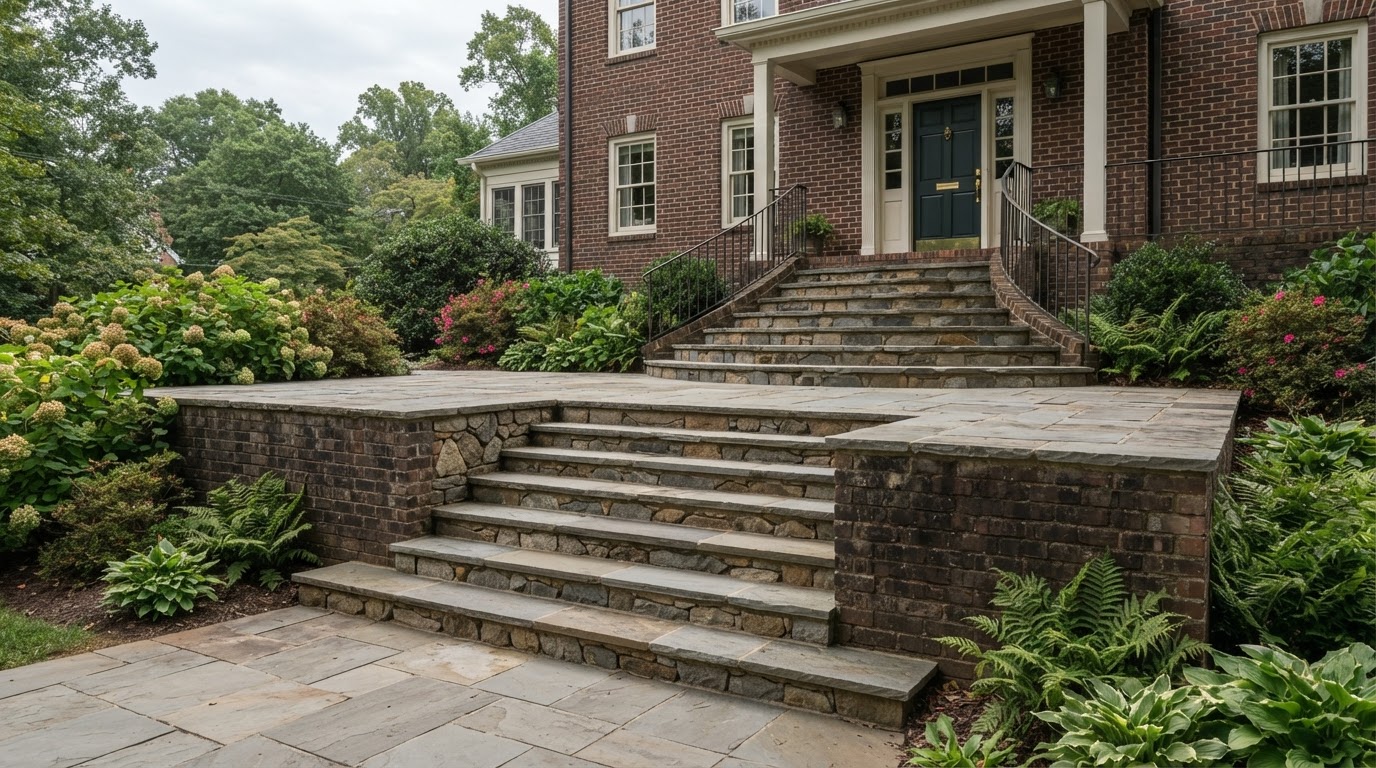 Paver walkway meeting outdoor steps beside landscaped planting beds