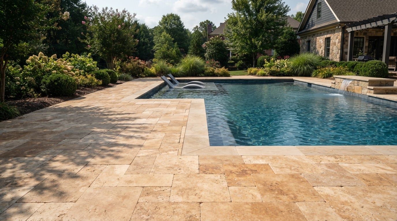 Paver pool deck with clear circulation space and outdoor seating
