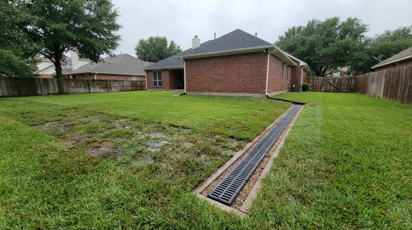 Landscaped yard with planting beds, graded transitions, and a visible drainage feature