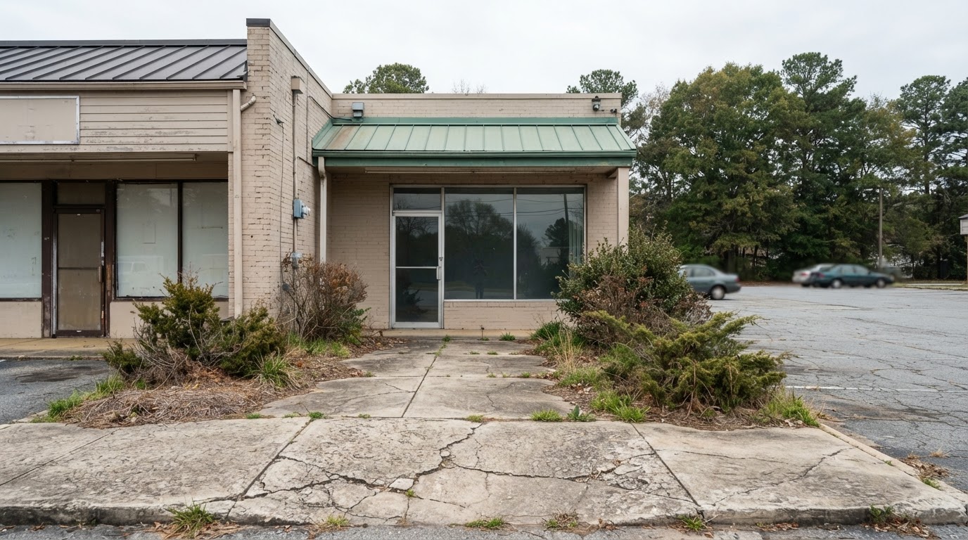 Illustrative worn commercial entrance with cracked concrete walkway before paver installation